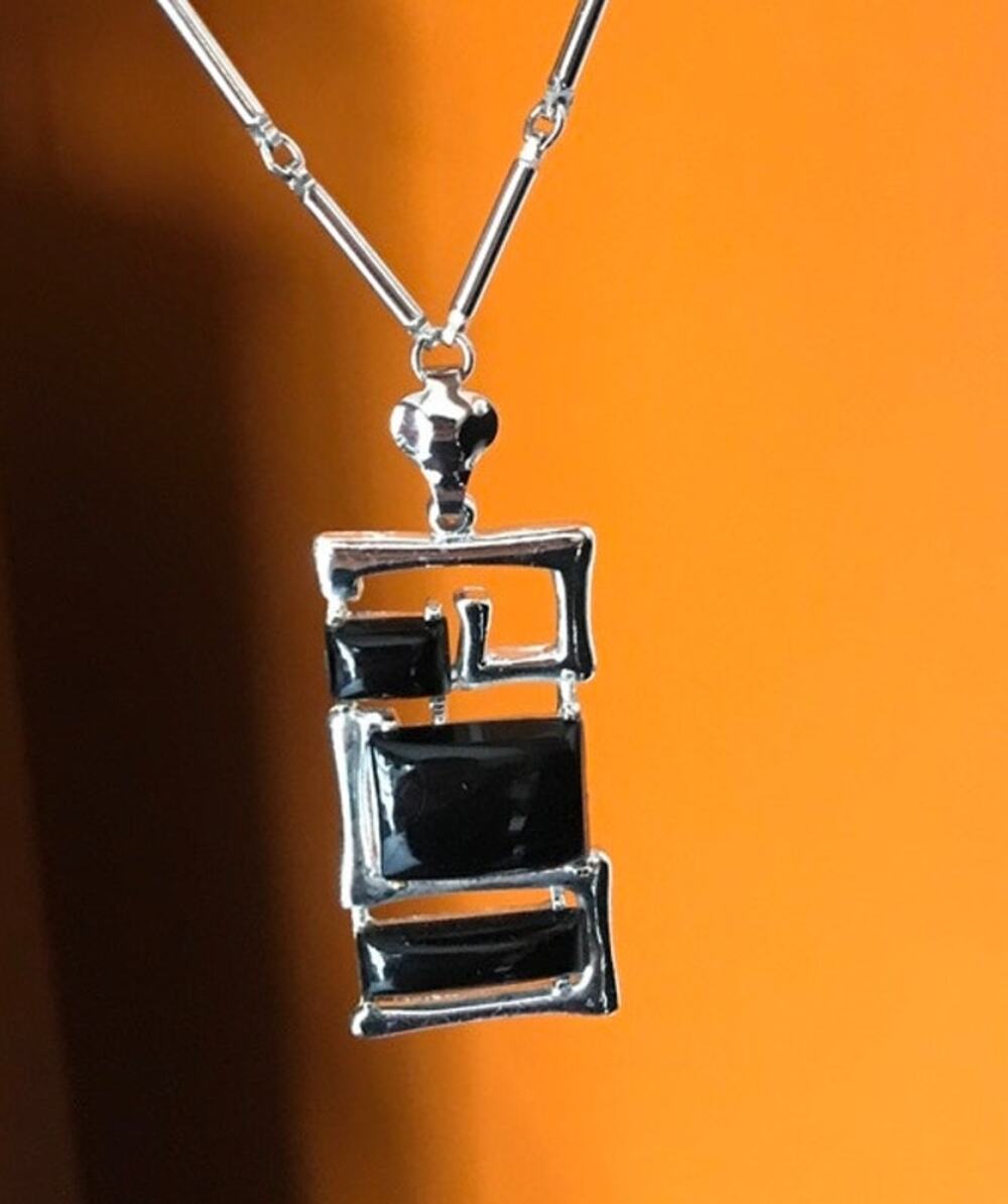 Celebrity Abstract Rectangle Pendant Necklace Silver Black Statement Retro Mod